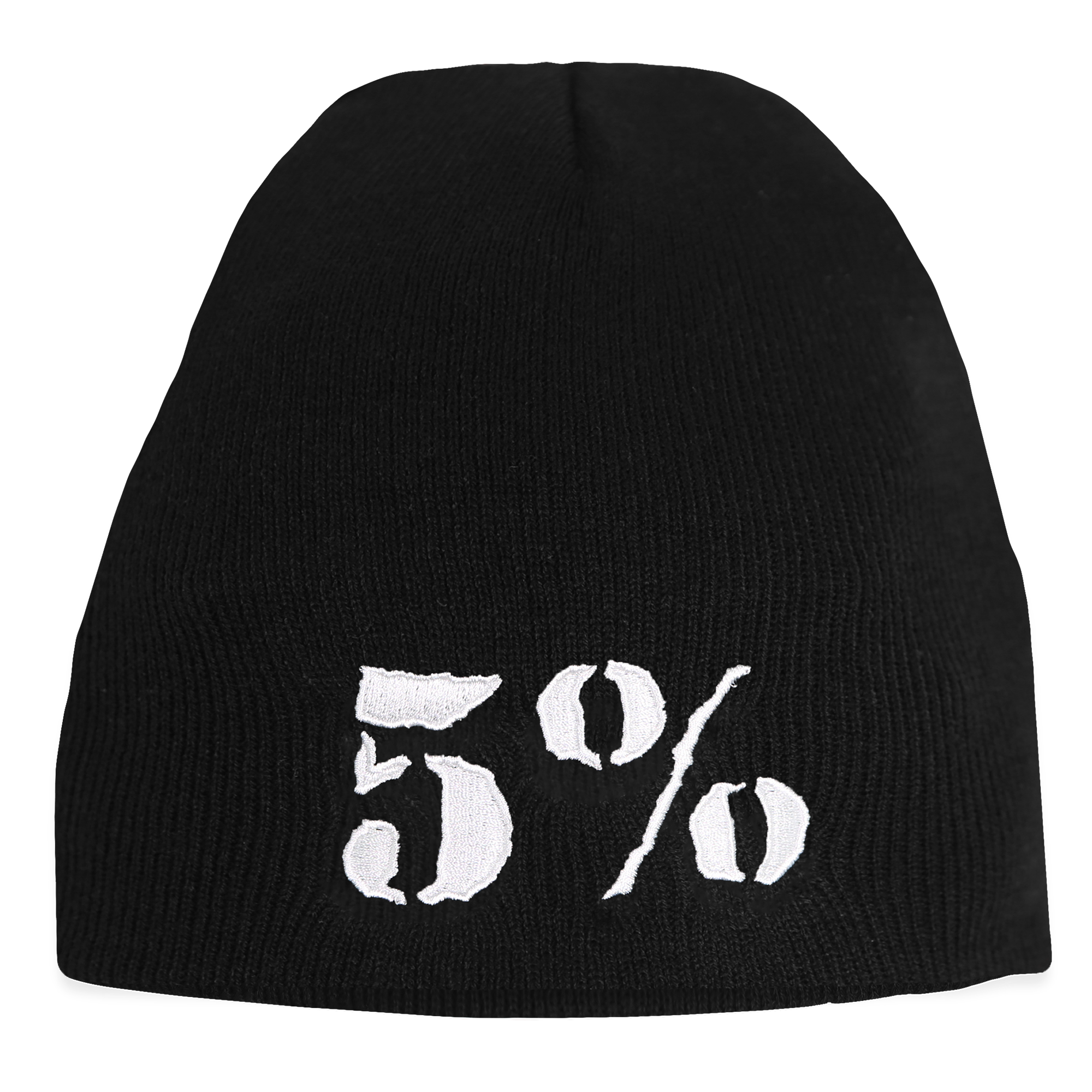 5% BLACK BEANIE WITH WHITE LETTERING